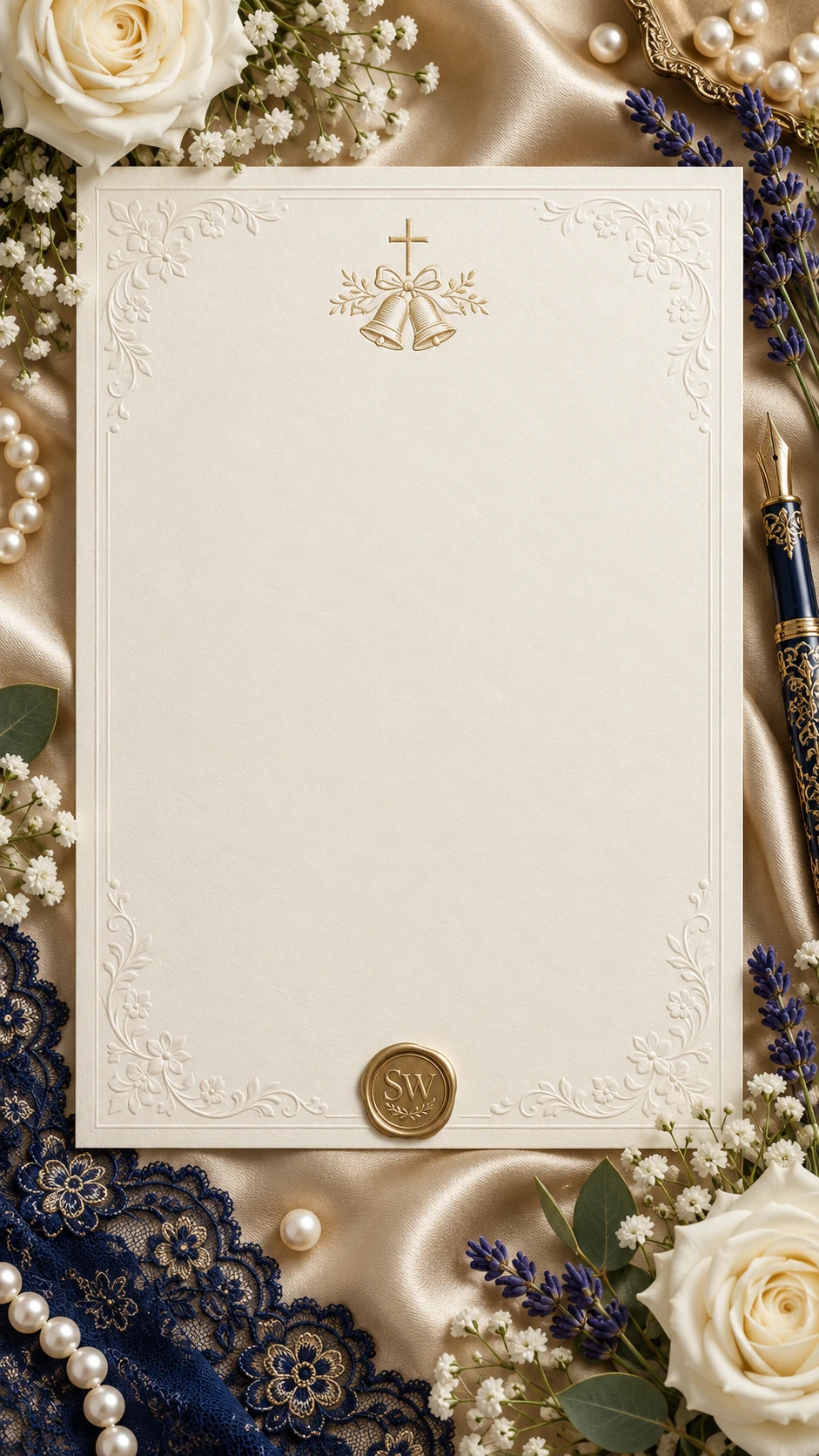 Ivory wedding stationery on champagne satin with white roses, lavender, pearls and a fountain pen